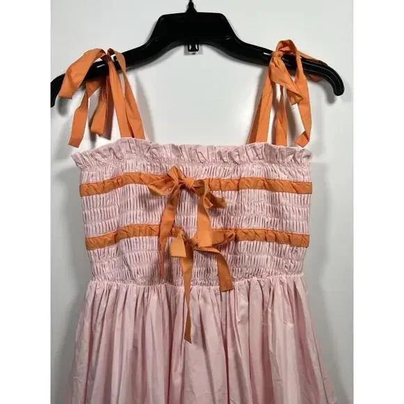 MABLE Lecia Smocked Midi Dress Pink Size Small Orange Tie Straps Smocked Summer - Picture 5 of 9